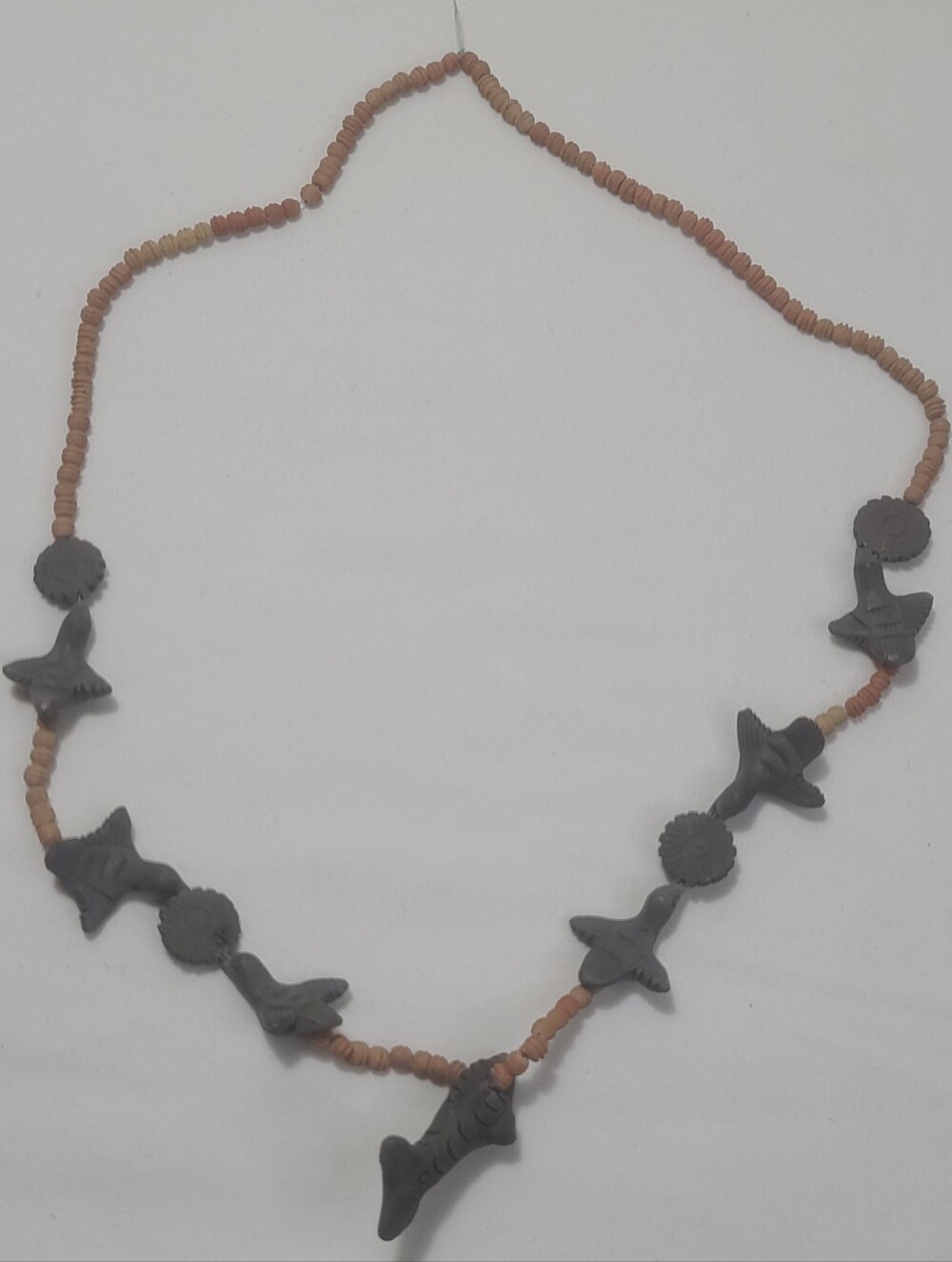 Handcrafted Mexican Folk Art Gray Clay Fish Birds Flowers Fetish Necklace